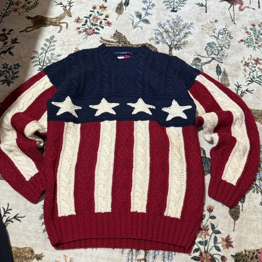 Vintage Tommy Hilfiger USA Flag Cotton Sweater Sz M Hand Knitted wool blend